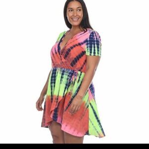 Tie Dye Mini Fake Wrap Dress Plus sz 14